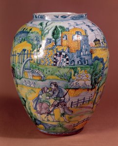 Vaso di maiolica di Nevers dipinto con scene dell
